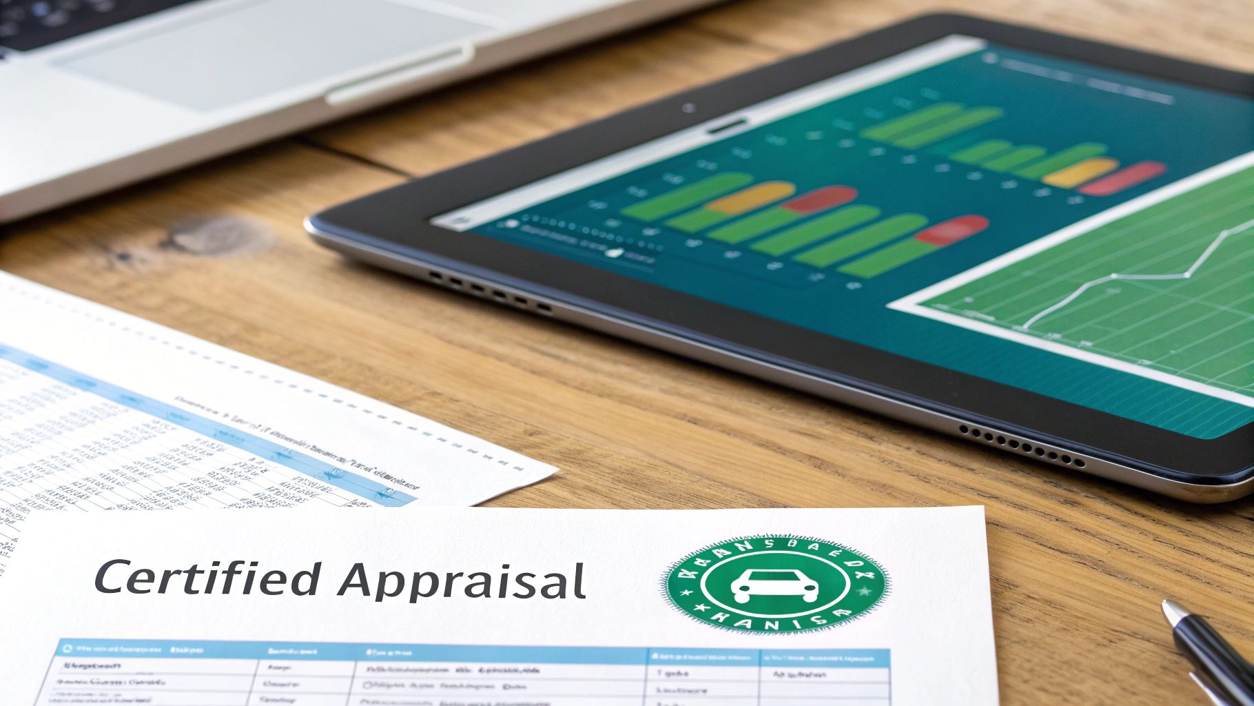 A car being professionally appraised on a tablet, symbolizing the data-driven approach to a diminished value claim.