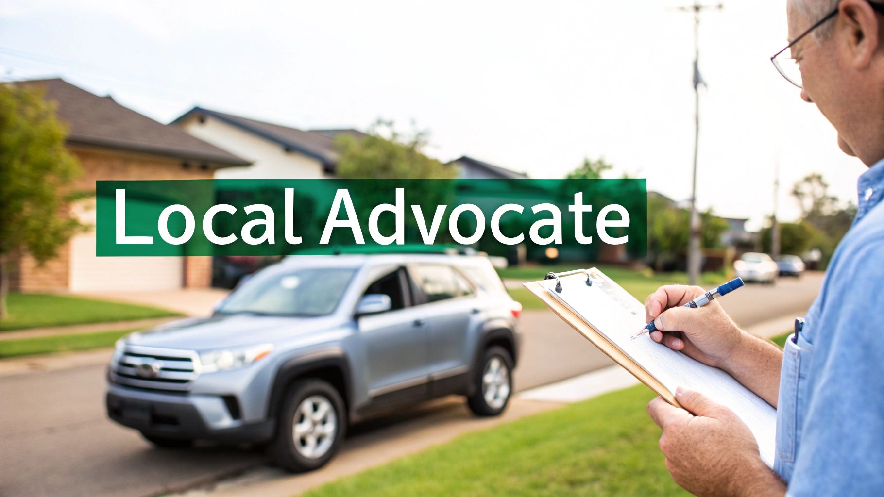 A professional auto appraiser inspecting a vehicle with a tablet, symbolizing a thorough and modern appraisal process.