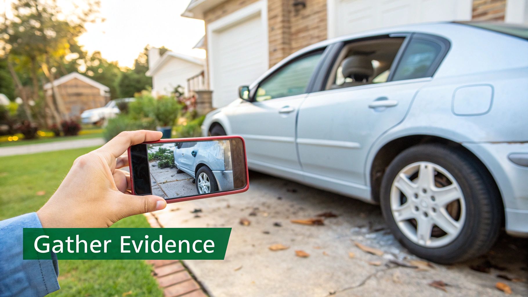 A person organizing documents and photos for a car insurance claim denial appeal.