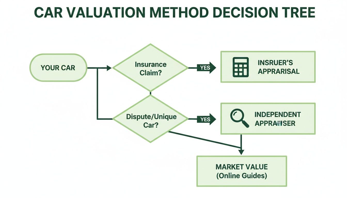 Decision tree diagram illustrating different car valuation methods based on insurance claims or unique car status.