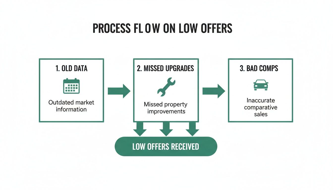 Process flow diagram illustrating three main reasons for receiving low offers on properties.