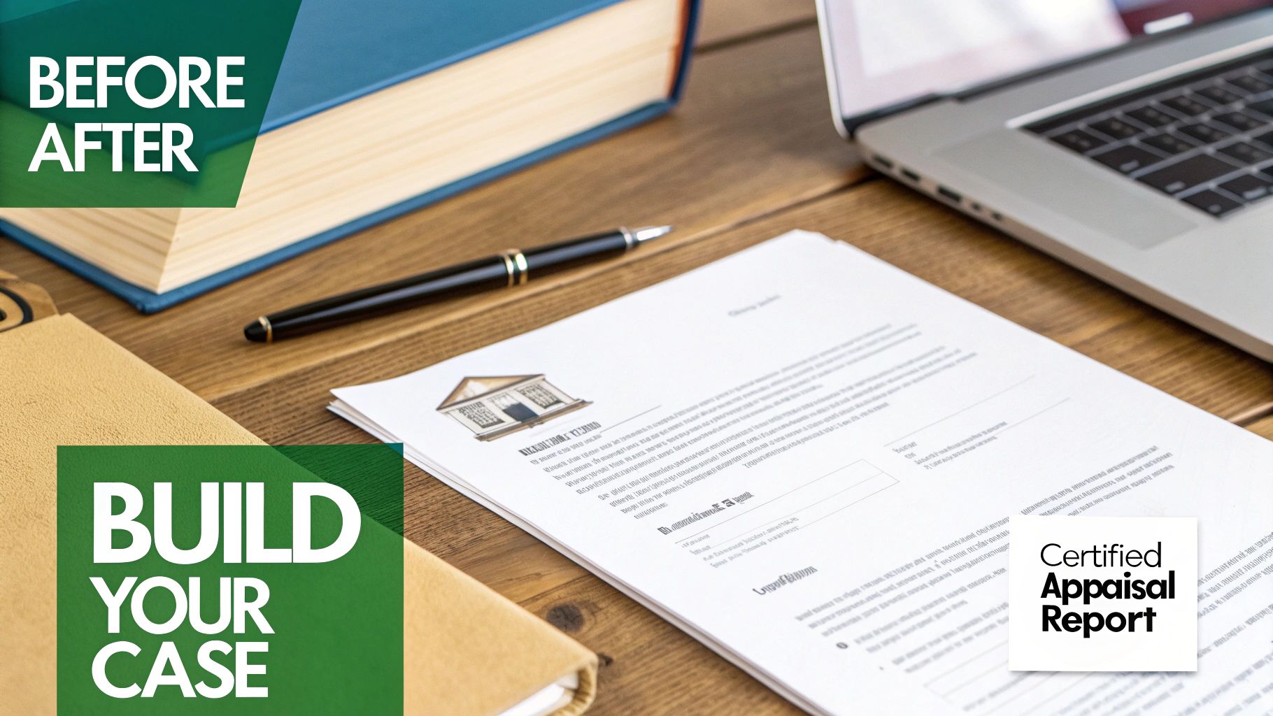 Desk with appraisal report, laptop, books, and text overlays 'Before After' and 'Build Your Case'.