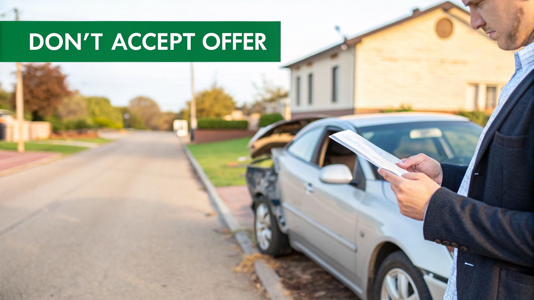 A man in a suit examining documents next to a damaged silver car, with a banner saying "DON'T ACCEPT OFFER."