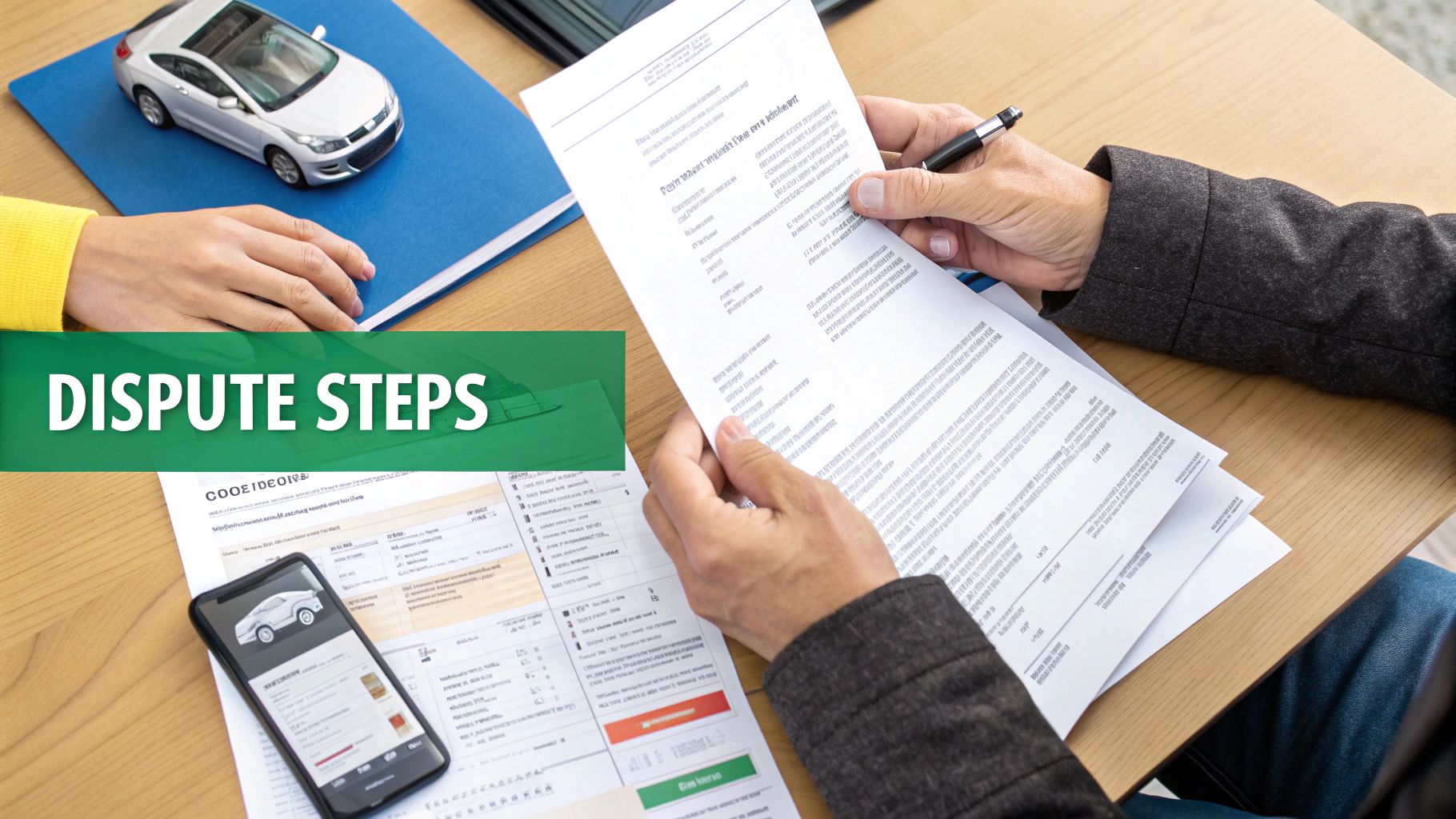 Two people at a desk reviewing car-related documents and a smartphone, with a toy car and 'DISPUTE STEPS' banner.