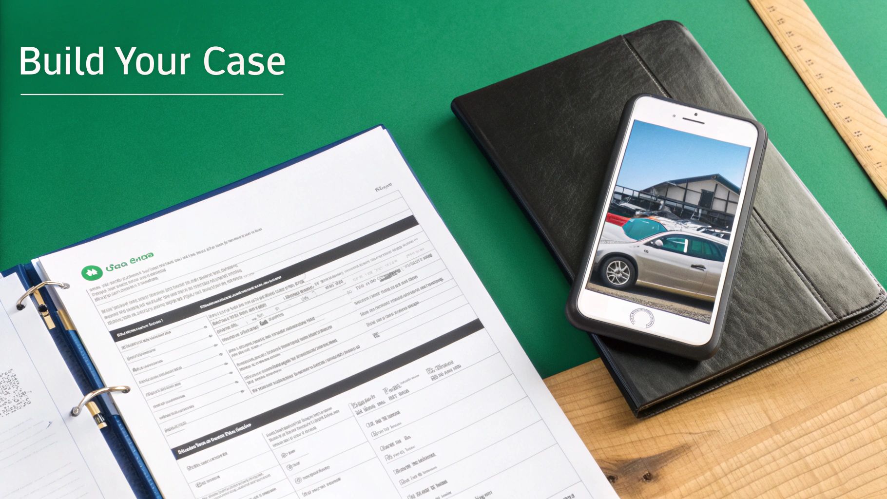Documents and a smartphone displaying cars, for building a case or assessing value.