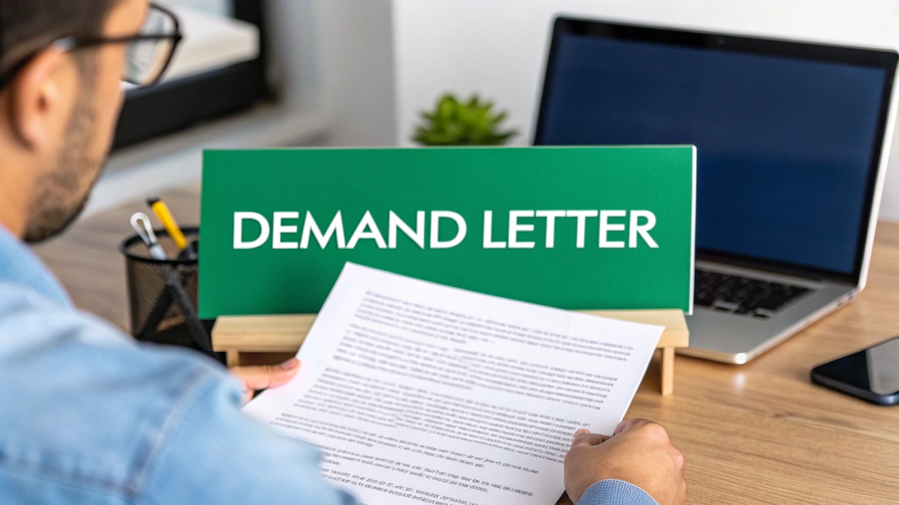 A person writing a formal demand letter on a desk with a car key and documents nearby.