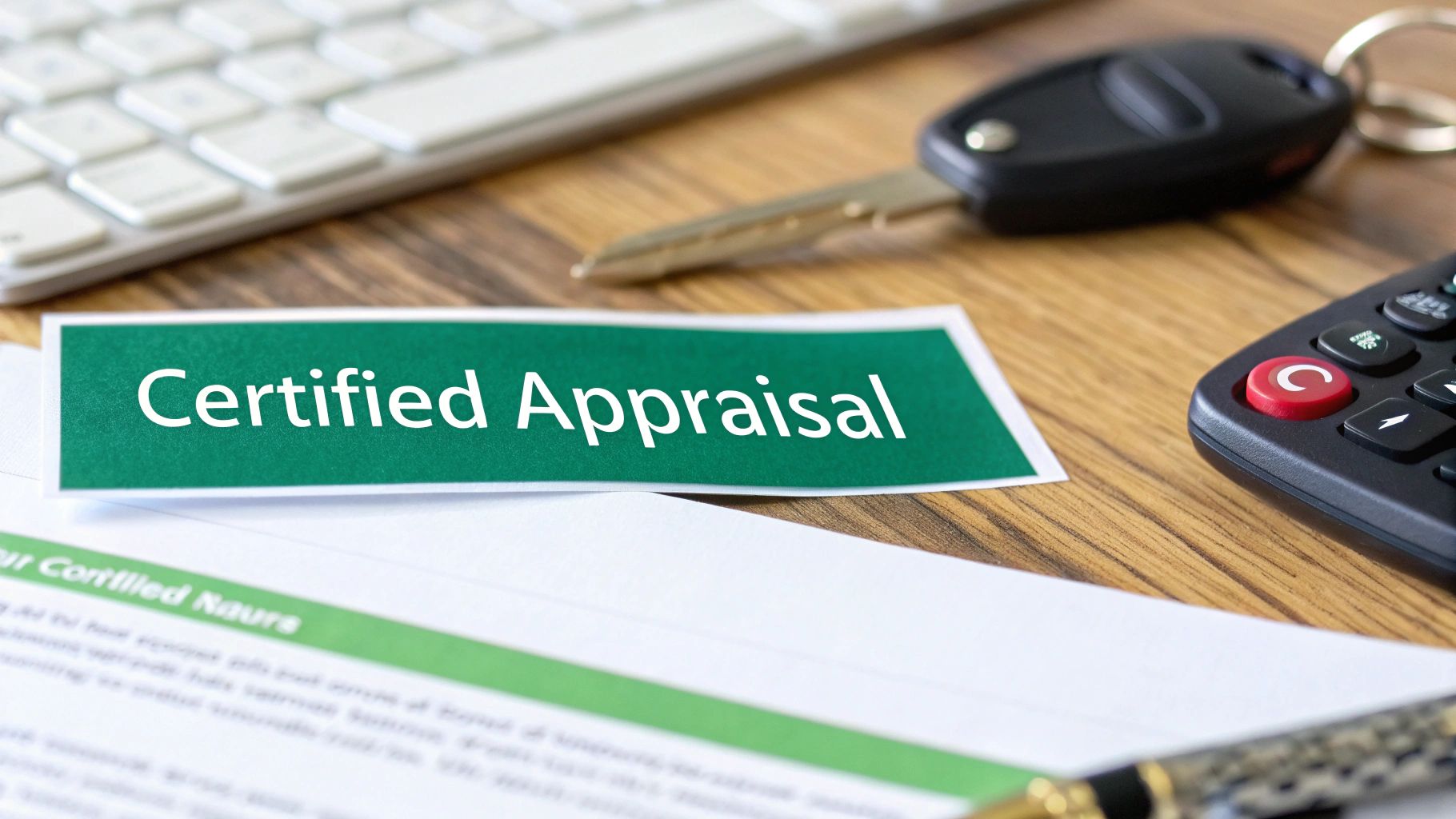 A certified appraiser examines a vehicle's repair work while holding a tablet with data charts.