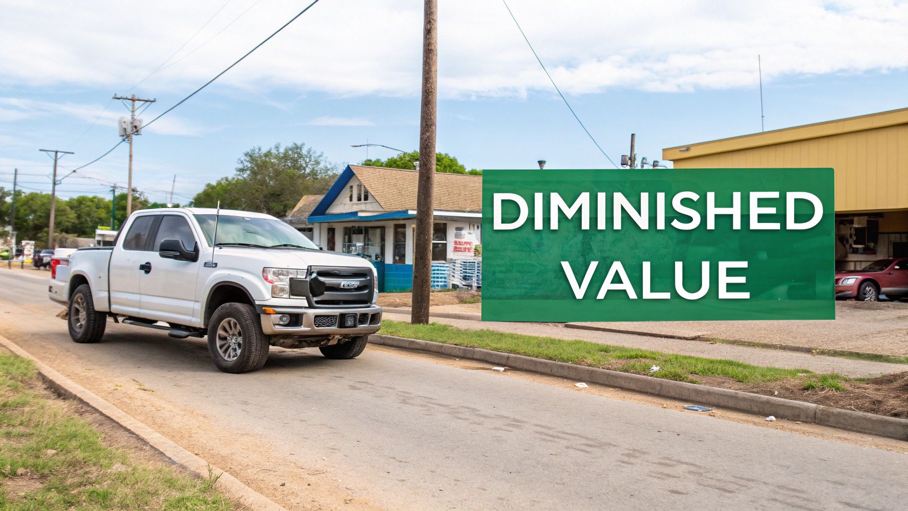 A white pickup truck parked on the side of a road with 'DIMINished value' text overlay.