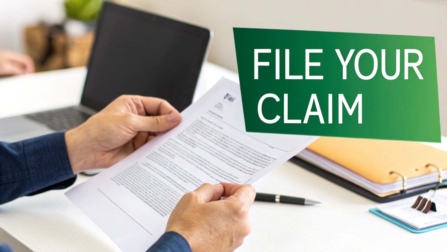 A person confidently signing insurance claim documents at a desk.