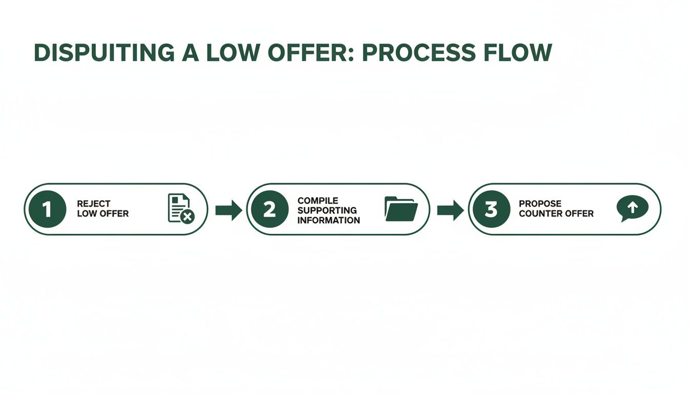 A three-step process flow diagram for disputing a low offer: reject, compile information, propose counter.