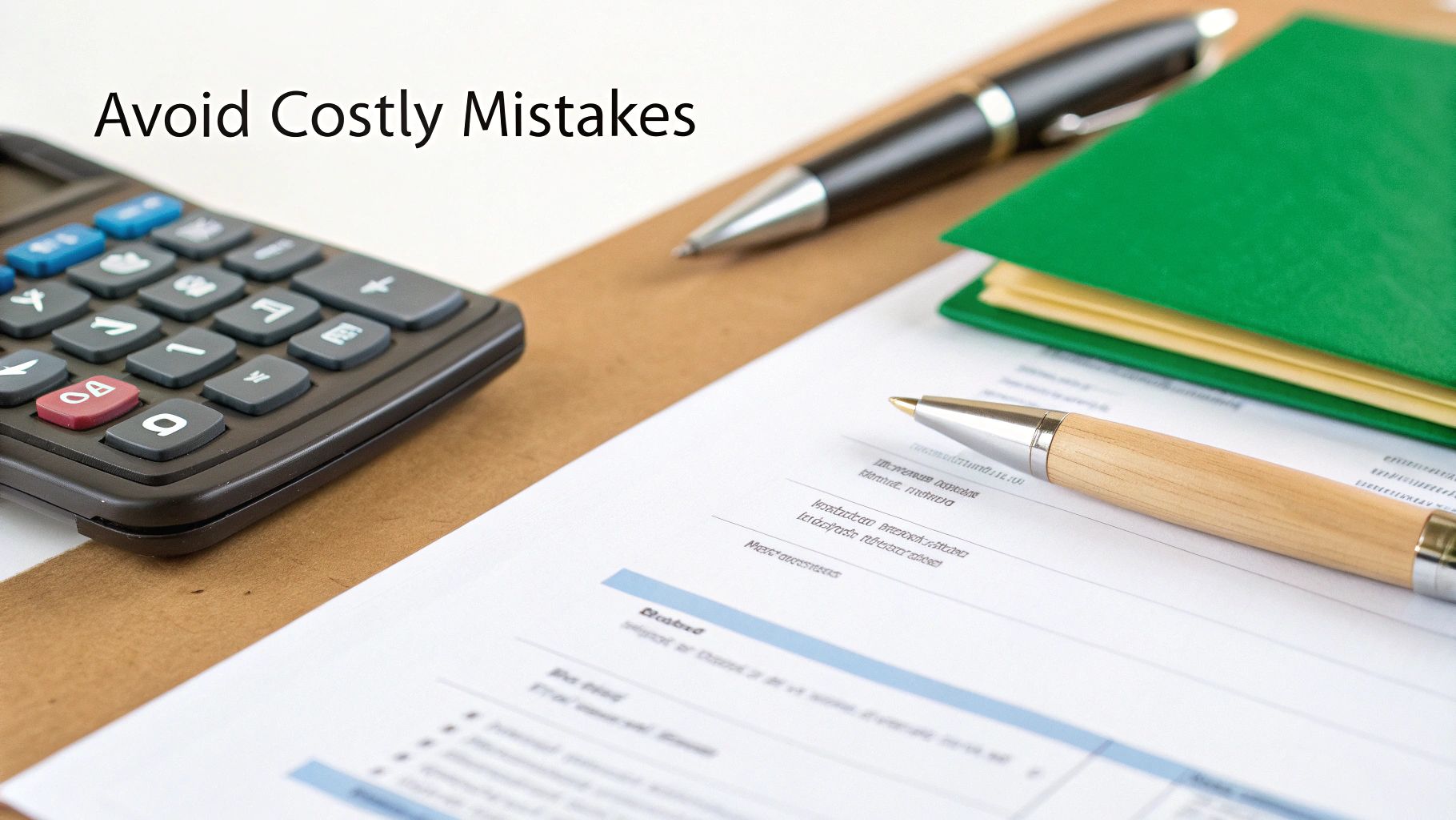 A desk scene with a calculator, pens, documents, and a green folder, text says 'Avoid Costly Mistakes'.