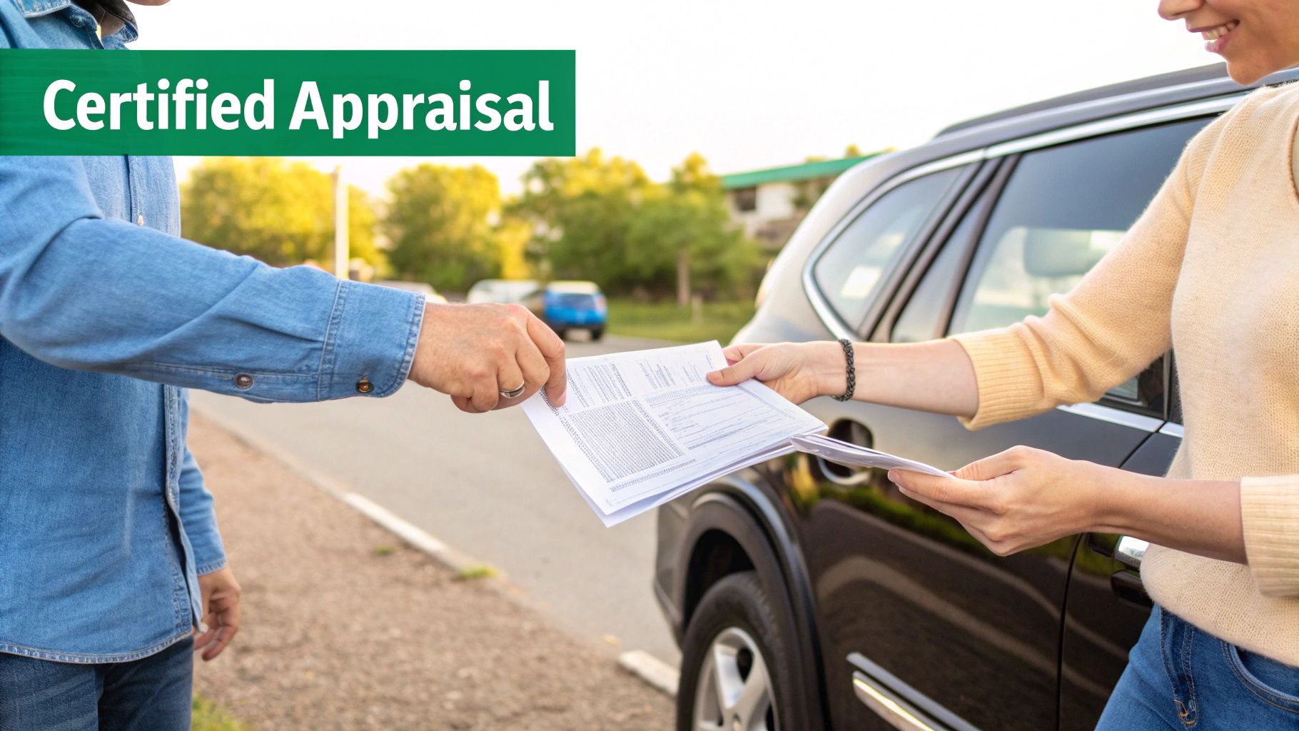 Two people exchanging documents related to a certified appraisal for a car.