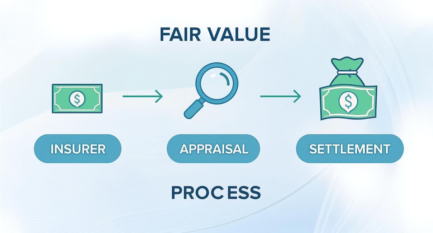 Fair value process diagram showing insurer payment, appraisal inspection, and settlement stages for claims