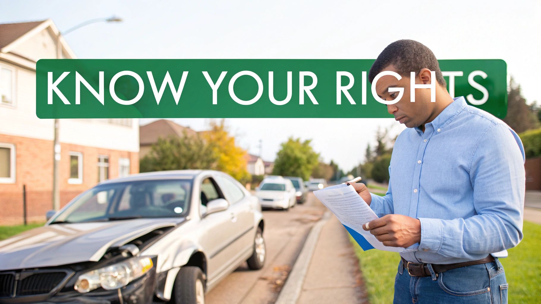 A man reviews documents beside a damaged car with a 'KNOW YOUR RIGHTS' banner, depicting an accident.