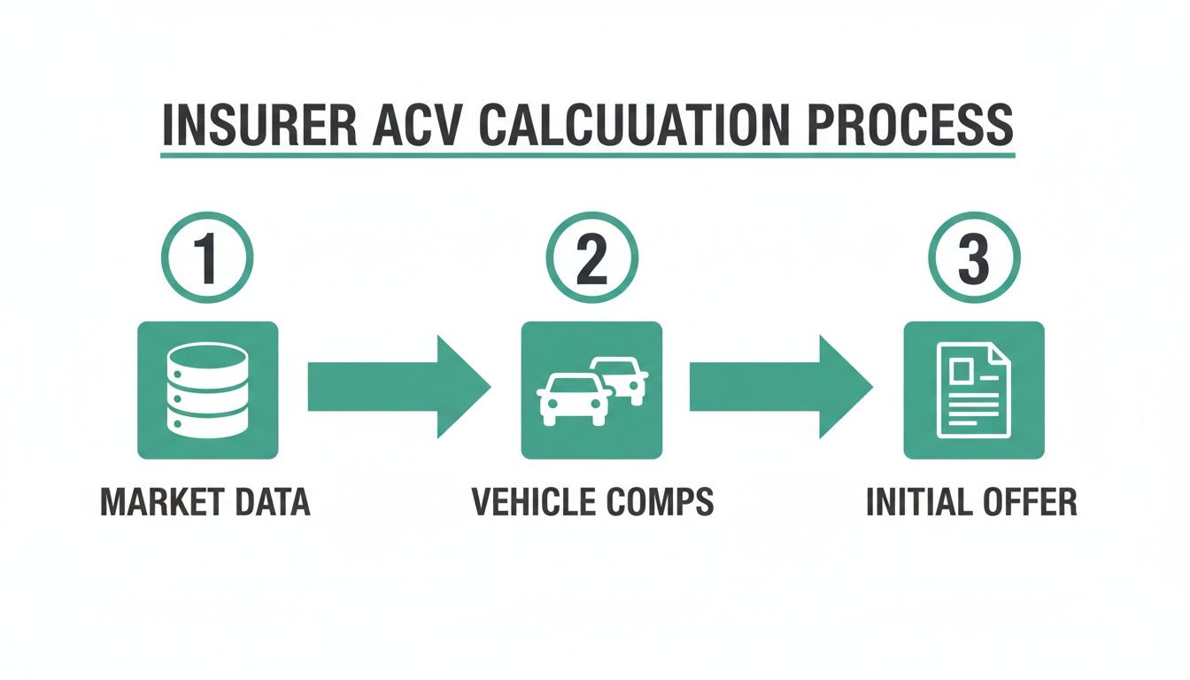 A flowchart illustrates the insurer's ACV calculation process: market data, vehicle comps, then initial offer.