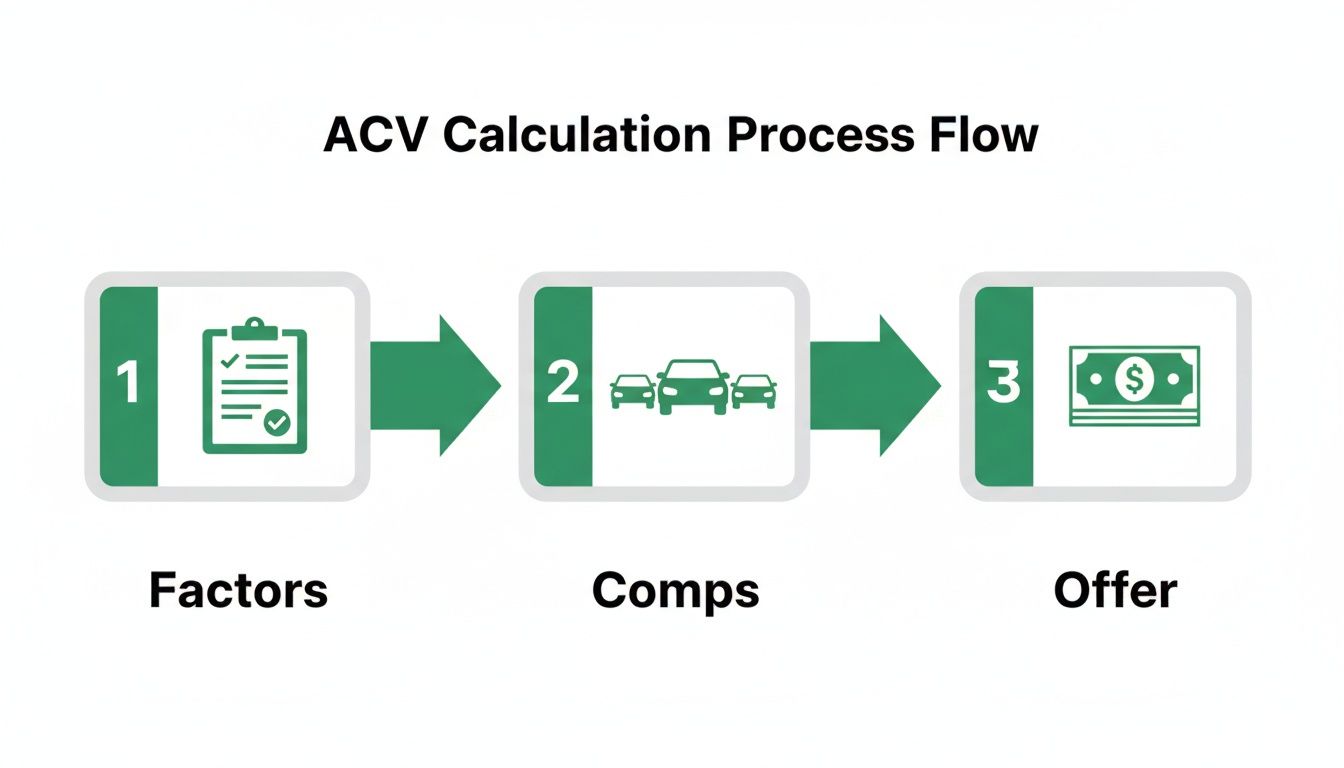 A diagram illustrating the ACV calculation process flow with three steps: Factors, Comps, and Offer.