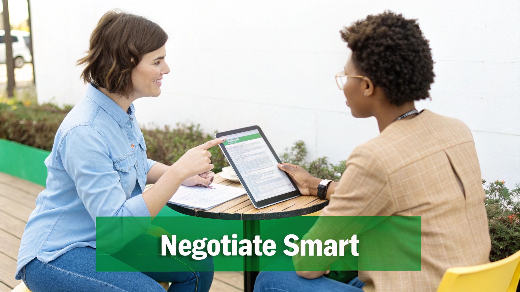 A man and a woman sitting at a table negotiating a claim with documents between them.