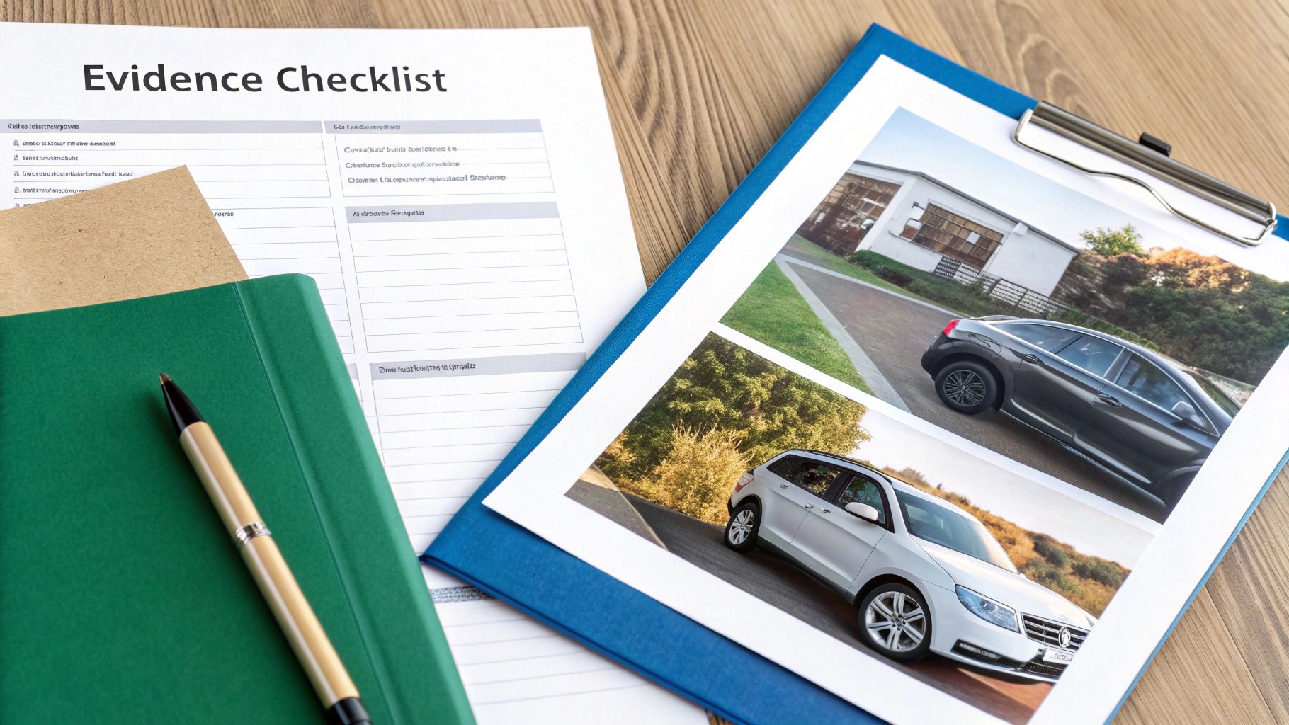 Evidence checklist document, car photos on a clipboard, green notebook, and pen on a wooden desk.