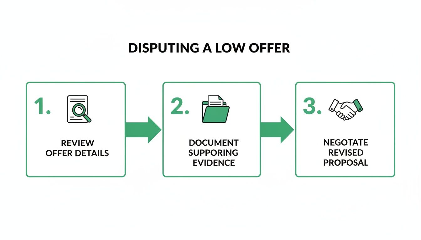A three-step process for disputing a low offer: review details, document evidence, and negotiate proposal.