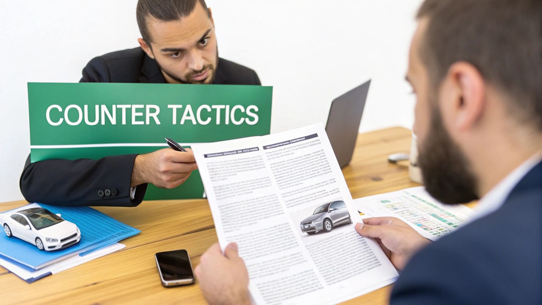 A man confidently shaking hands with an insurance agent across a desk, symbolizing a successful negotiation.