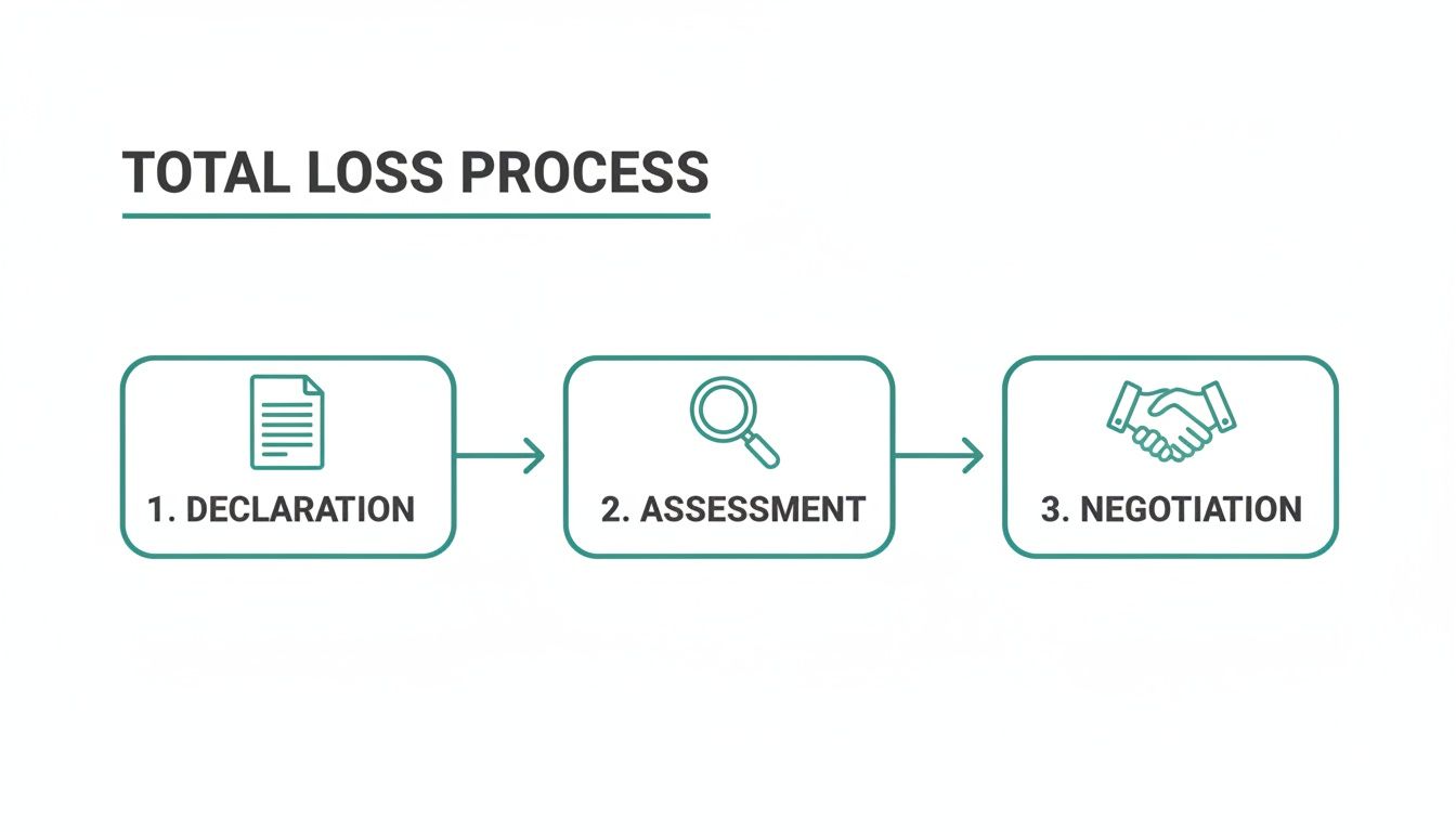 A three-step total loss process diagram showing declaration, assessment, and negotiation.