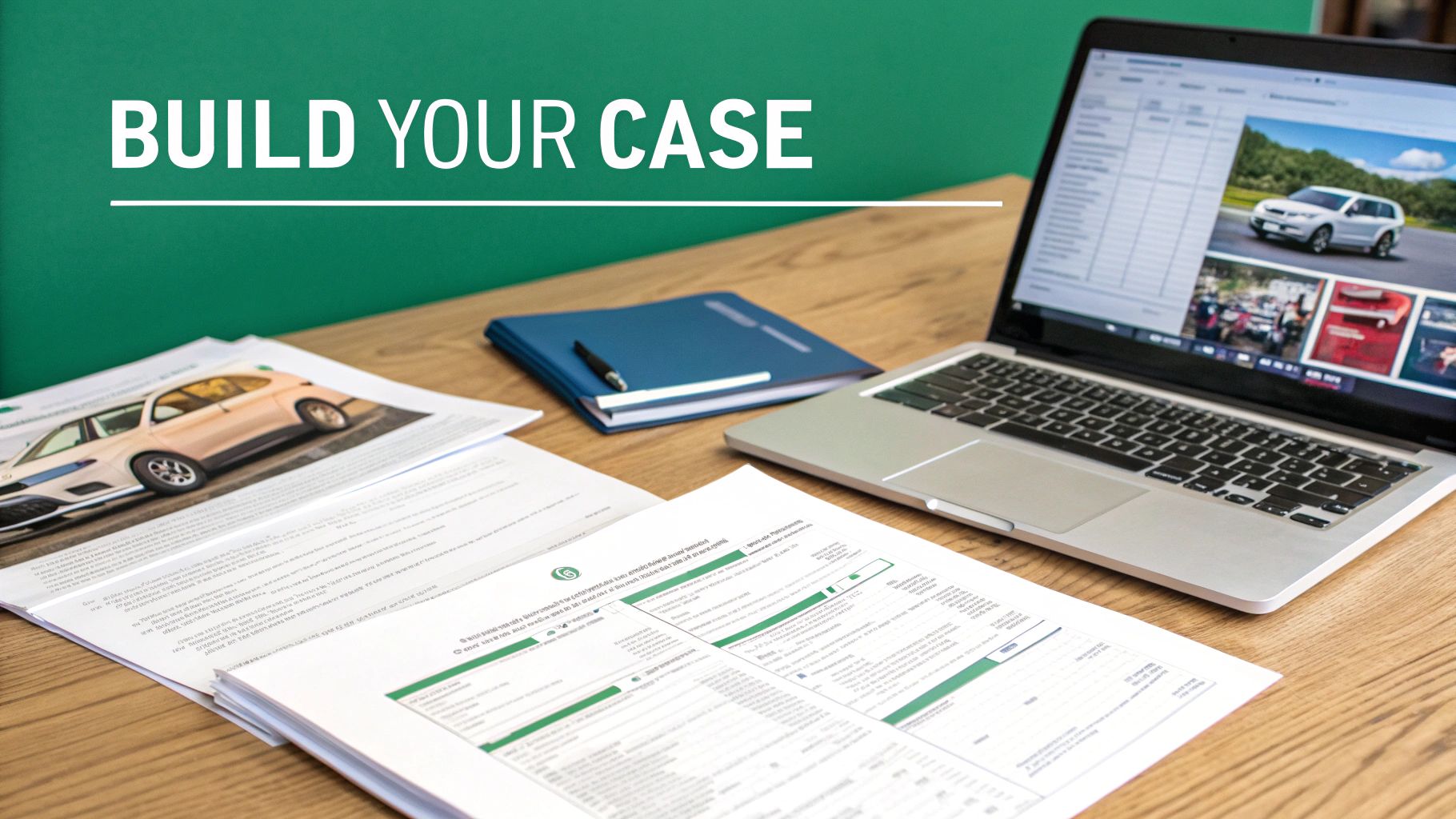 Desktop setup with laptop, documents, and a pen, emphasizing 'BUILD YOUR CASE' for auto claims.