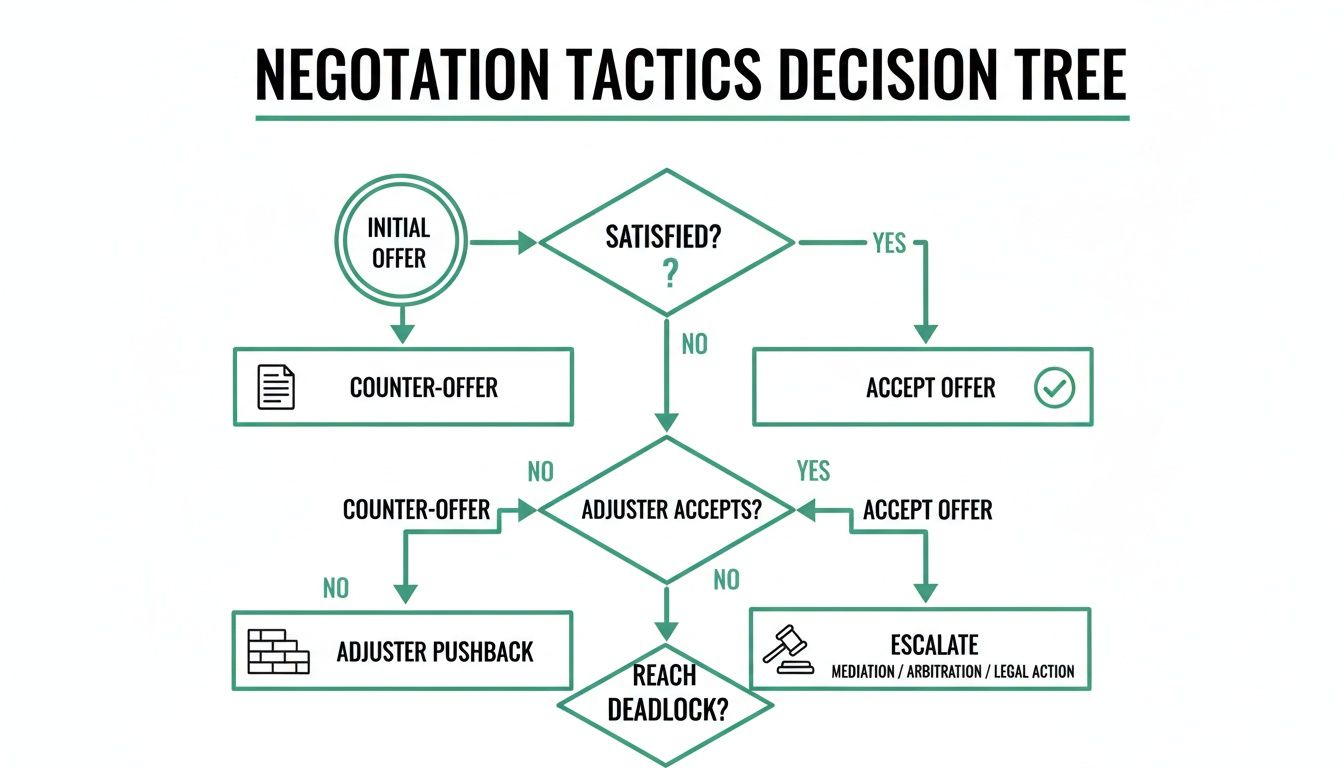 A negotiation tactics decision tree illustrating steps from initial offer to resolution.