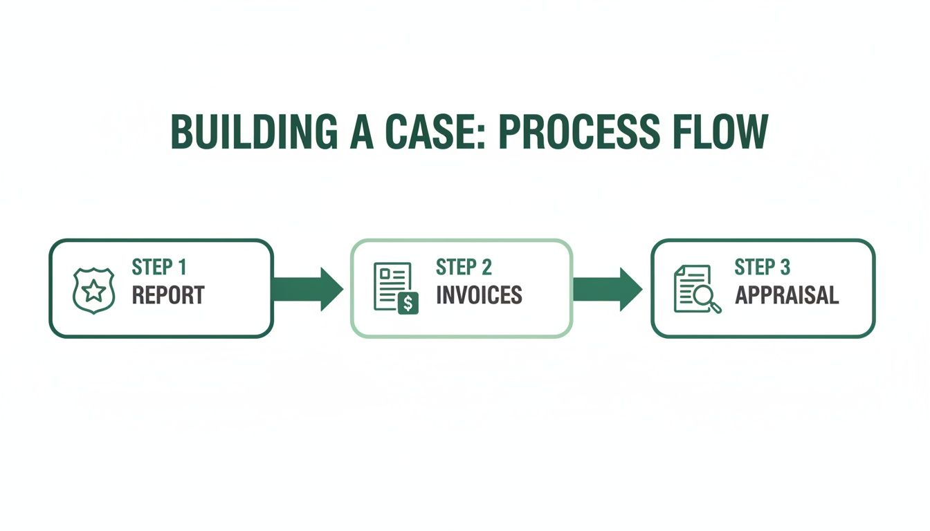 Infographic illustrating a three-step process flow for building a case: report, invoices, and appraisal.