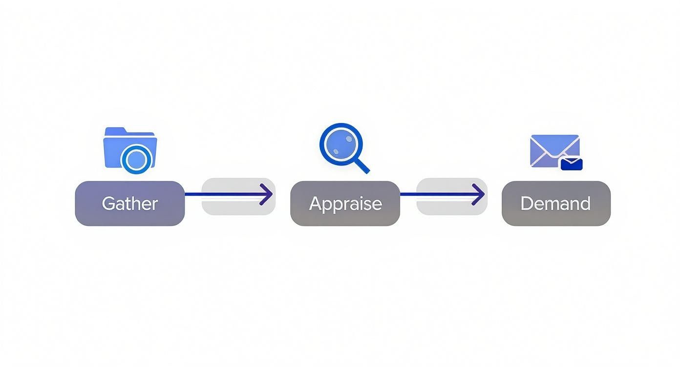 Three-step workflow diagram showing gather, appraise, and demand process with folder, magnifying glass, and email icons