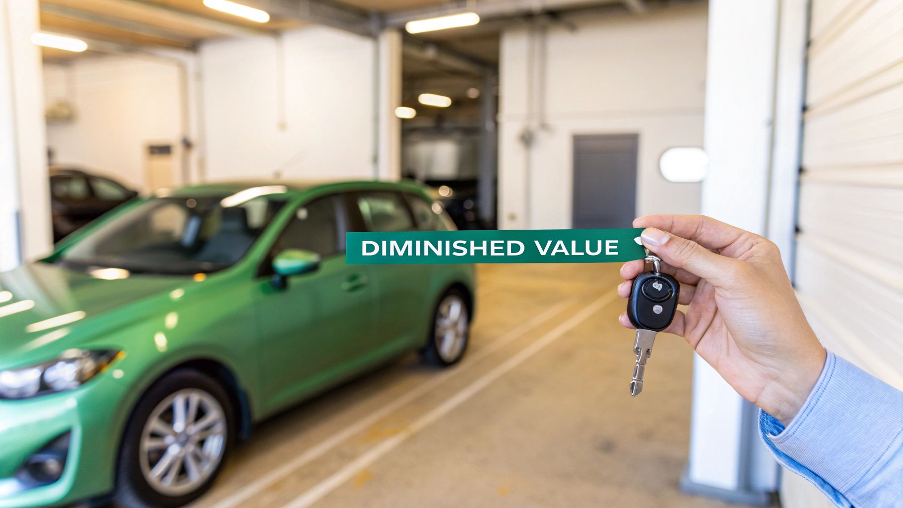 A car being inspected after an accident, with a mechanic looking at the damaged front fender.