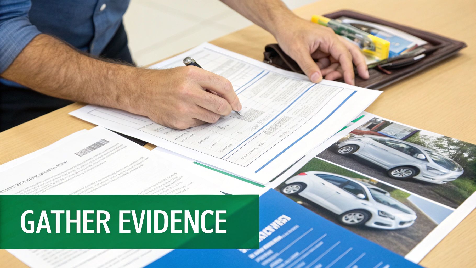 A person reviewing vehicle repair documents and appraisal reports.