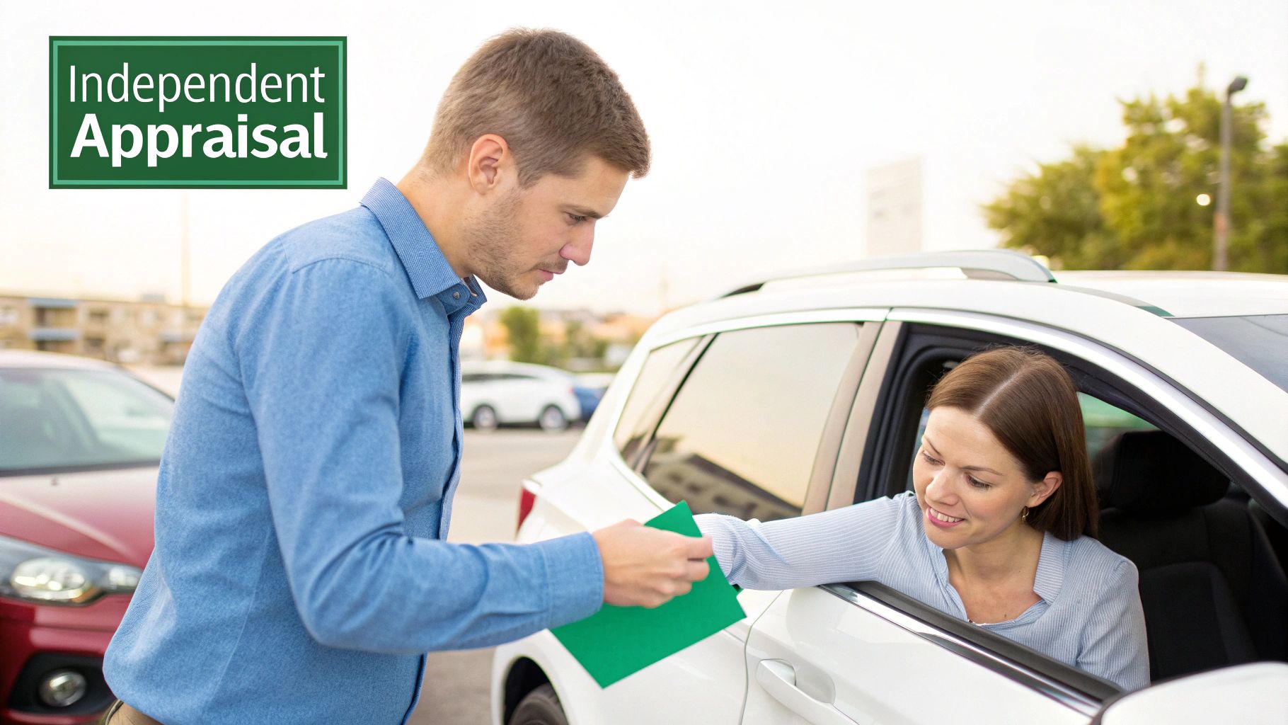 Man hands a green document to a smiling woman sitting in a white car for an independent appraisal.
