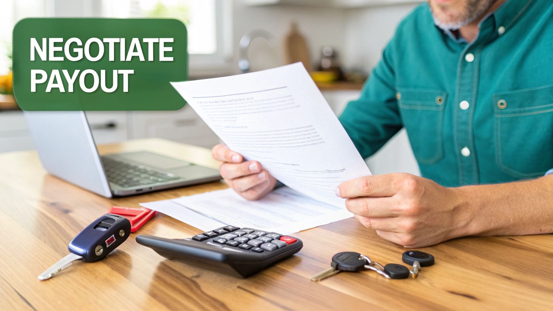 A man holds documents, reviewing them at a desk with a laptop and car keys, focused on negotiating a payout.