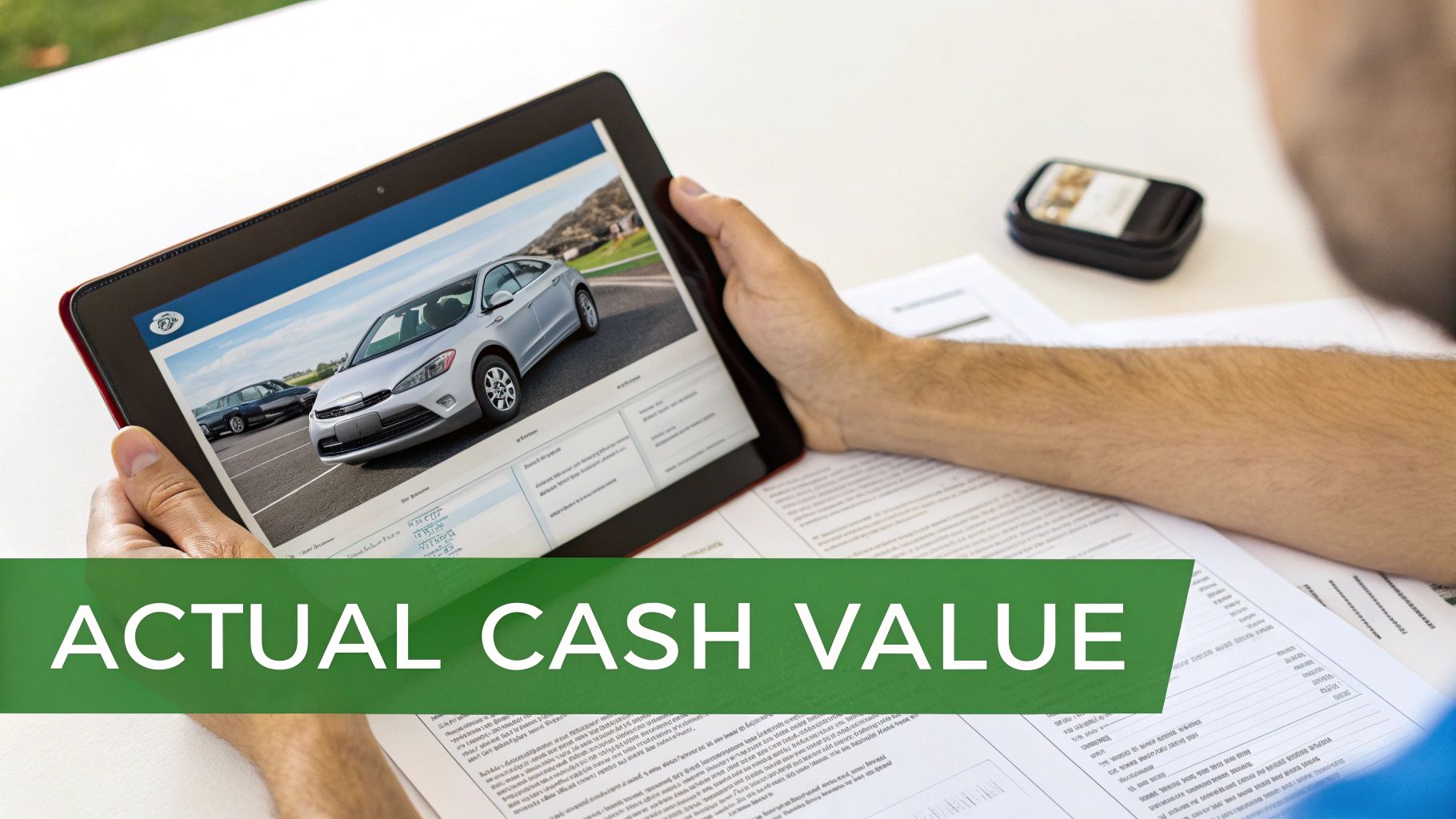 A person holds a tablet displaying a car for sale with 'ACTUAL CASH VALUE' text overlay.