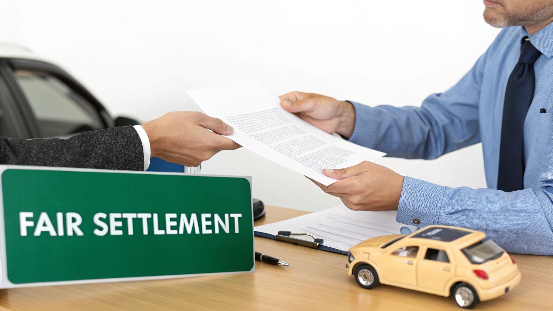 Two men exchanging documents for a fair settlement of a vehicle claim, with a toy car.