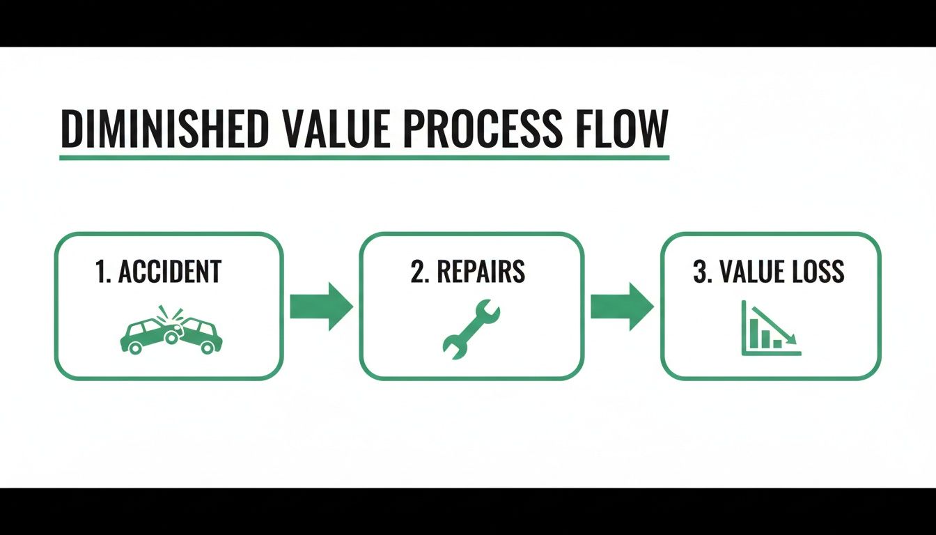 A flowchart illustrating the diminished value process: accident, repairs, and subsequent value loss of a vehicle.