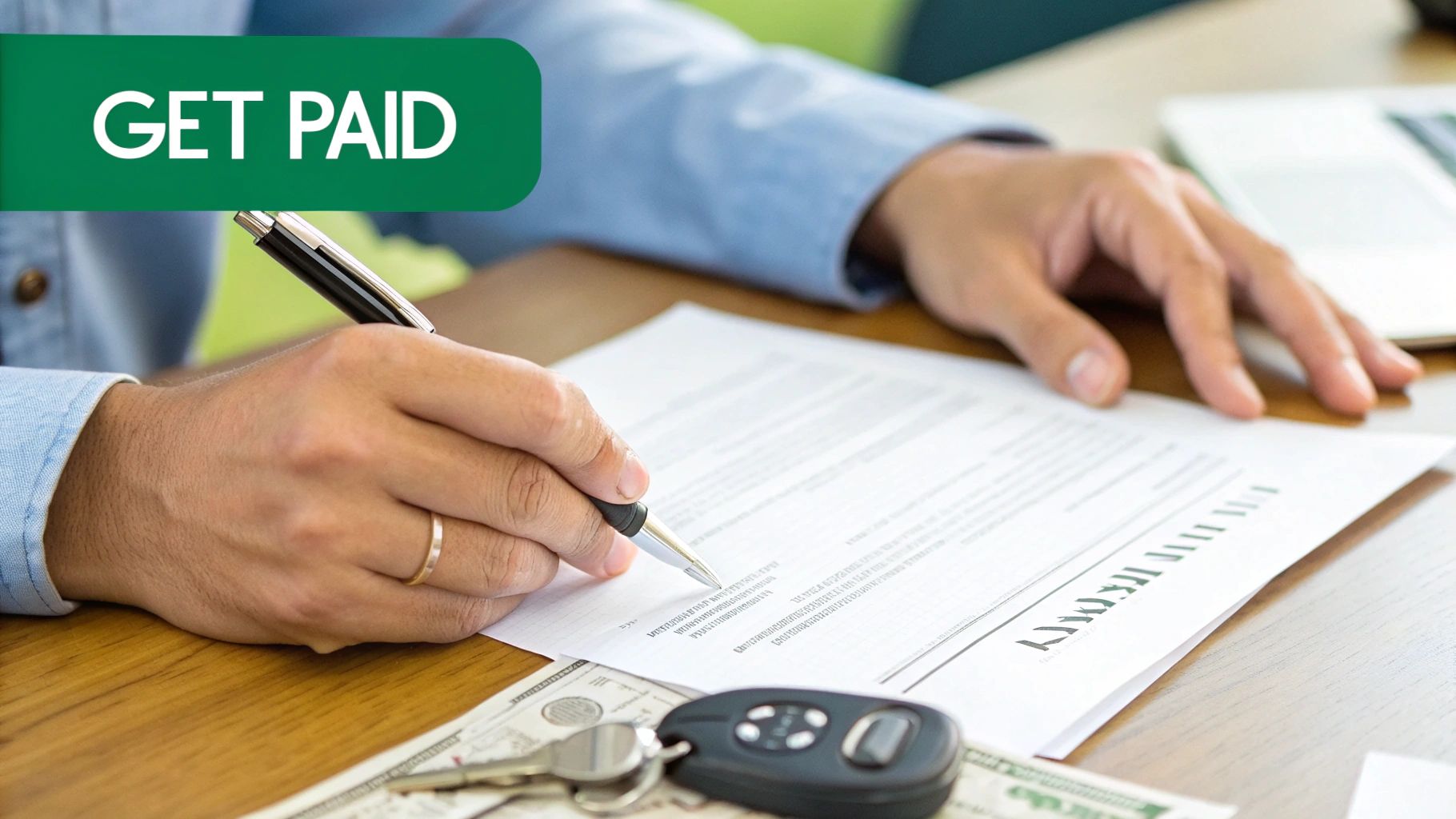 A person signing a document with a pen, next to car keys and money, with a 'GET PAID' banner.