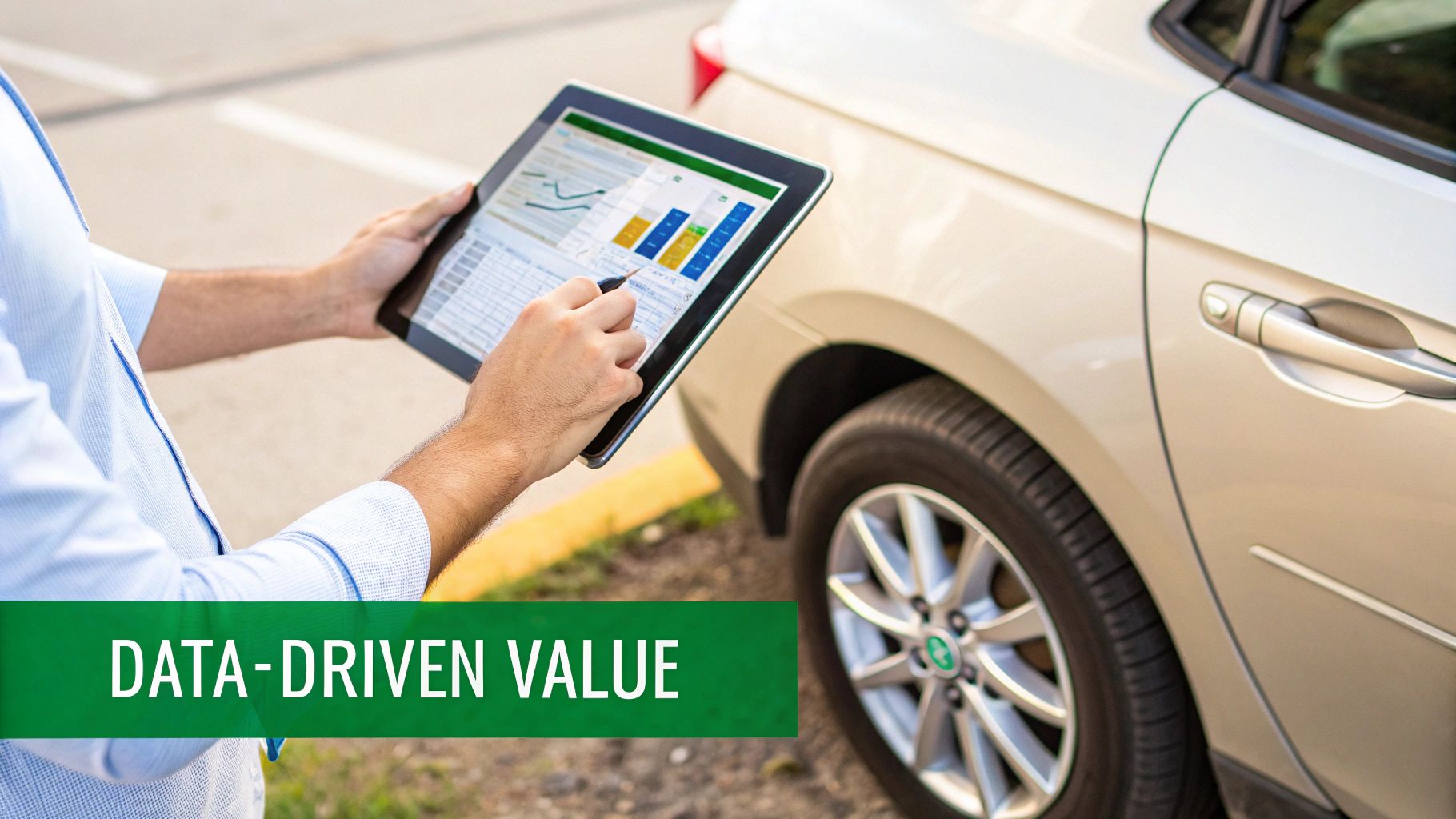 Person using a stylus on a tablet displaying data charts and graphs next to a light-colored car.