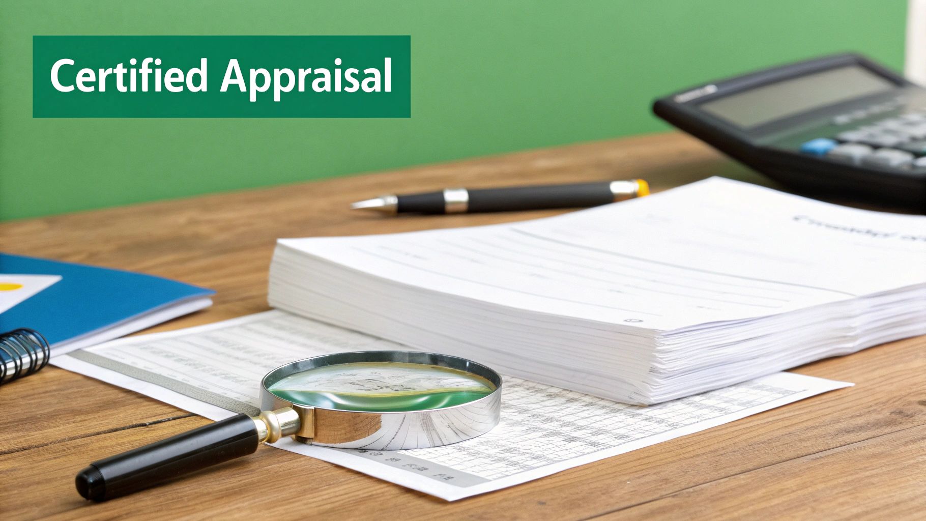 A desk with financial documents, a magnifying glass, pen, and calculator, highlighting a 'Certified Appraisal'.