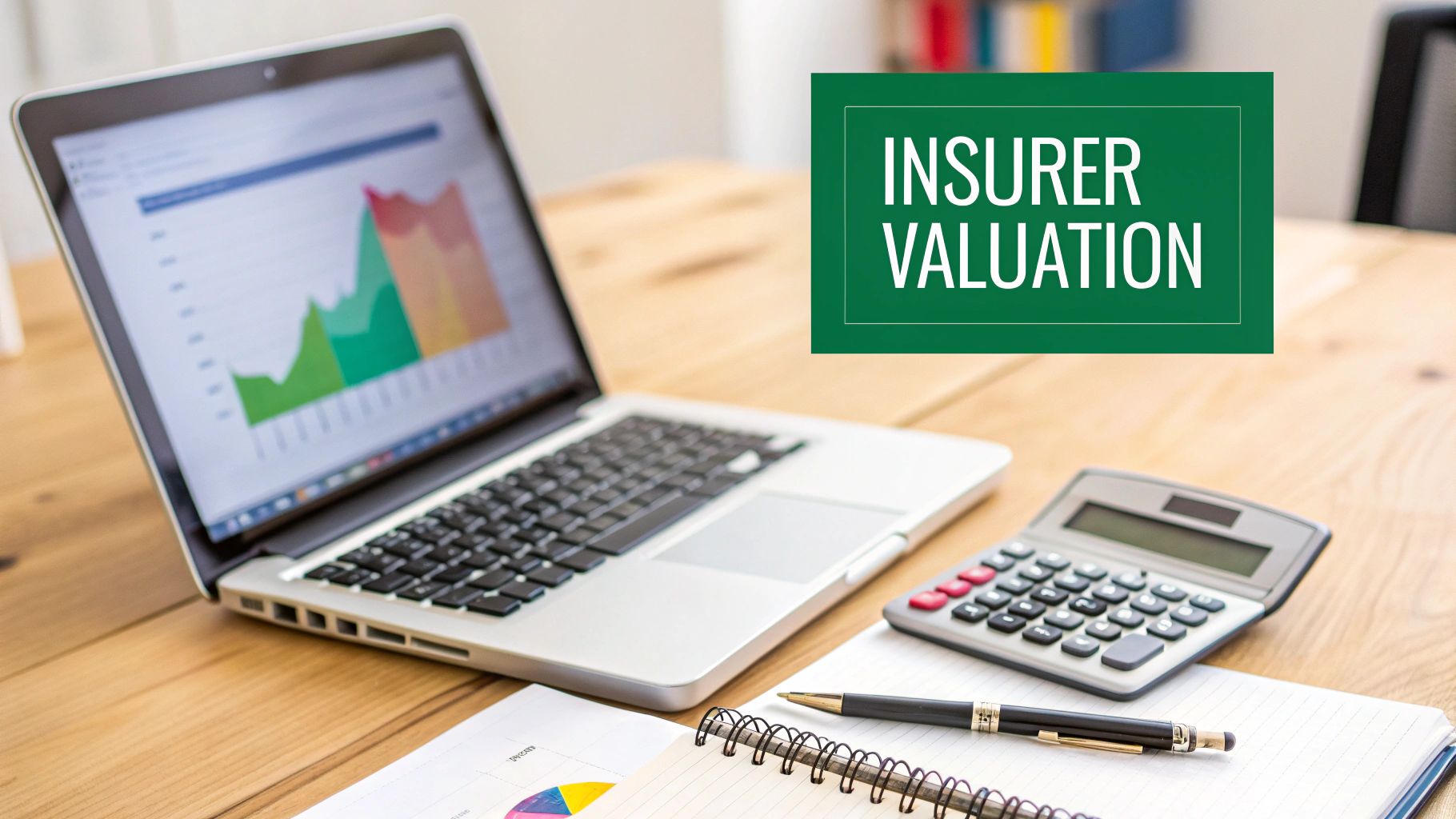 A desk setup with a laptop showing financial graphs, a calculator, and a notebook, featuring 'INSURER VALUATION' text.