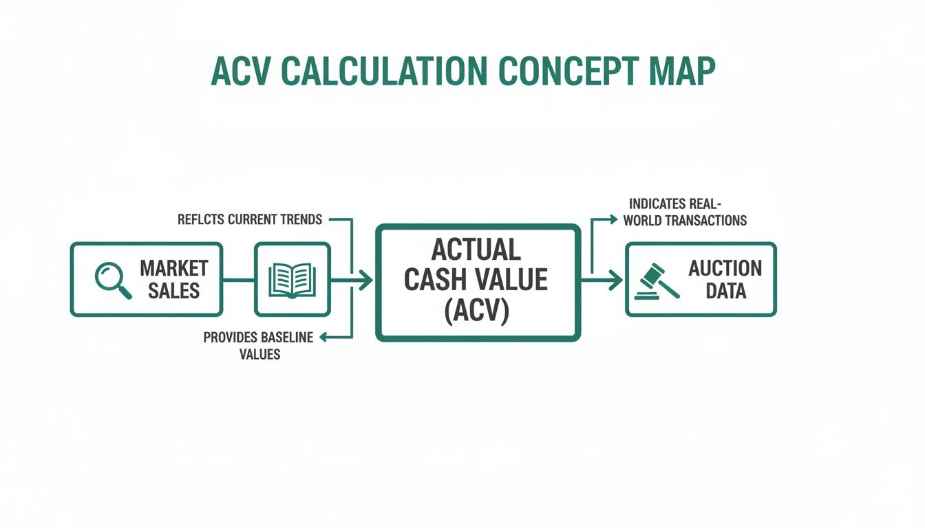 Concept map illustrating Actual Cash Value (ACV) calculation using market sales and auction data.