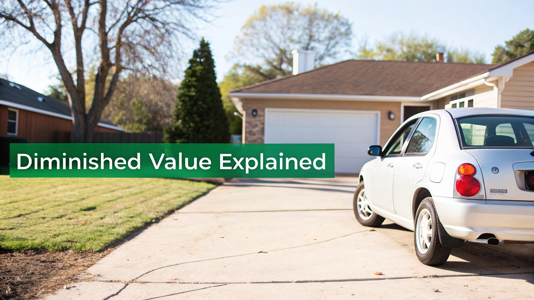 White car parked in driveway of suburban home with diminished value explained text overlay