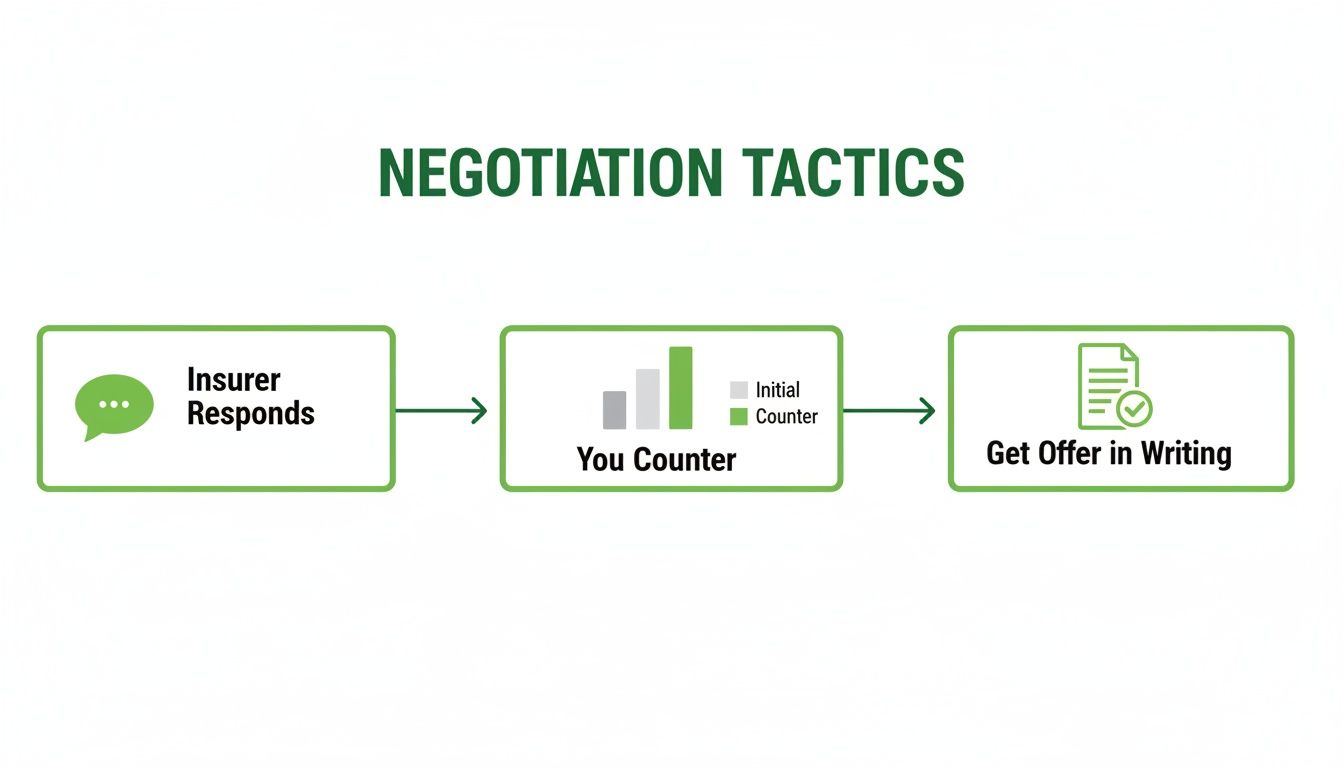 Flowchart illustrates negotiation tactics: insurer responds, you counter with an improved offer, and get the offer in writing.