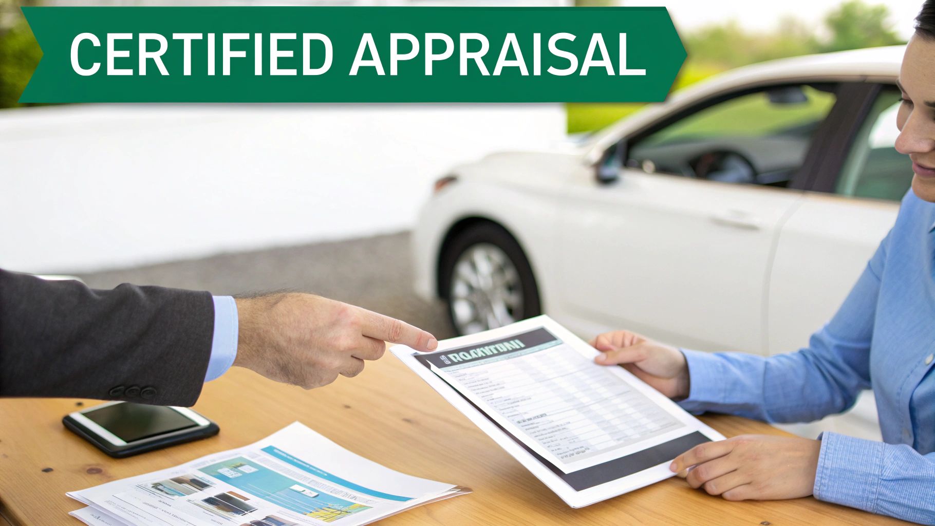 A man points at a 'CERTIFIED APPRAISAL' document held by a woman, with a white car in the background.