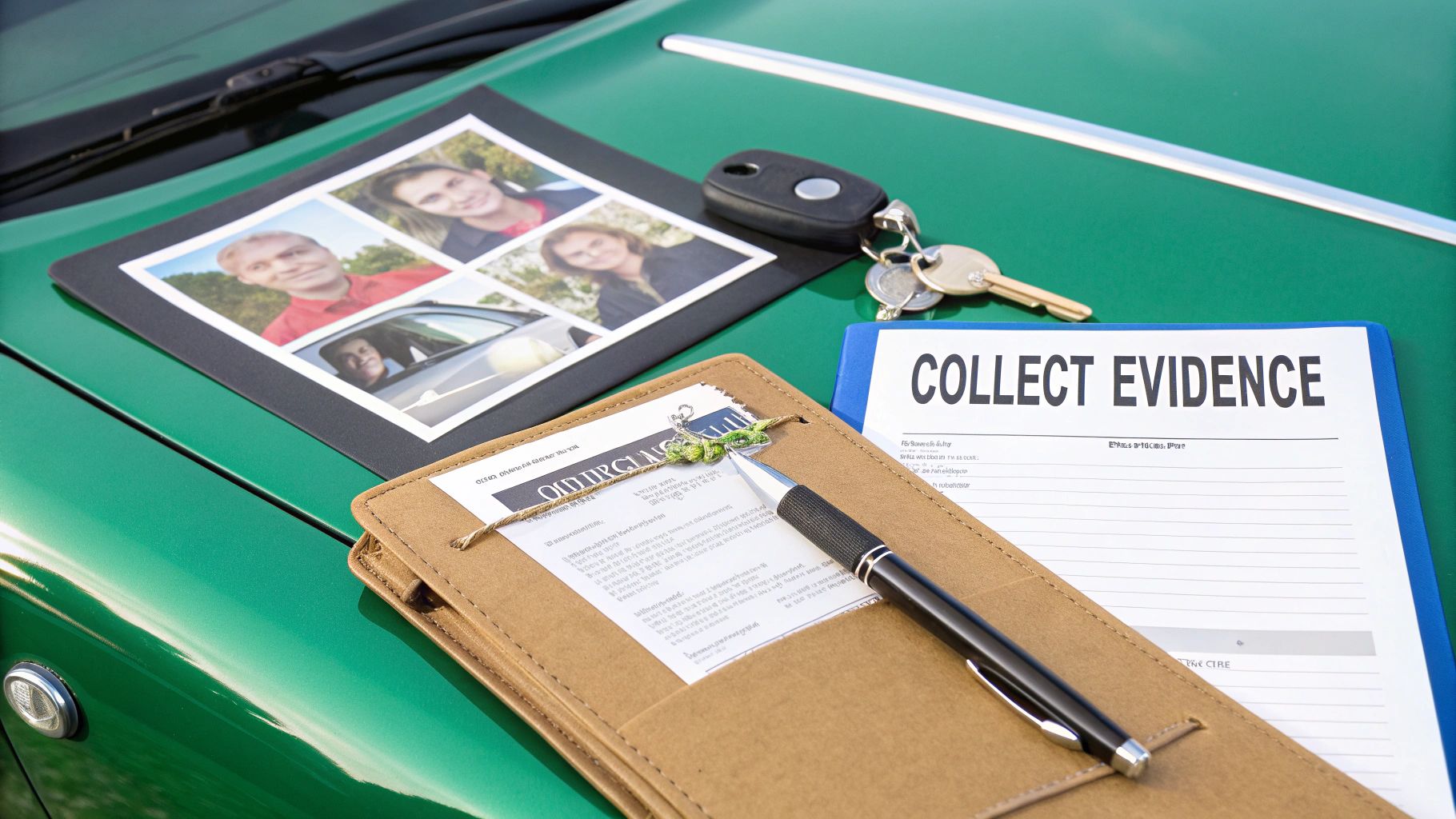 Items for evidence collection, including photos, car keys, and a 'COLLECT EVIDENCE' form on a green car.