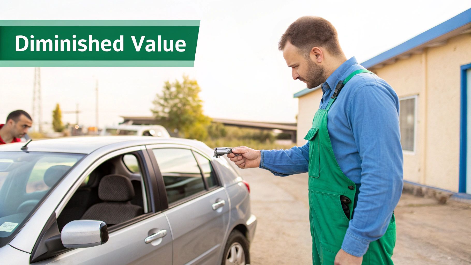 An auto appraiser inspects a silver car's paint with a gauge, assessing diminished value.