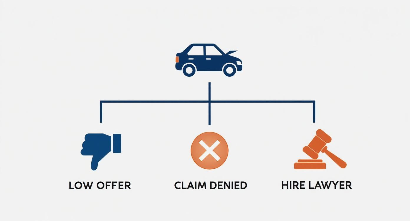 Diagram illustrating car accident claim outcomes: a damaged car branches to low offer, claim denied, or hire lawyer.