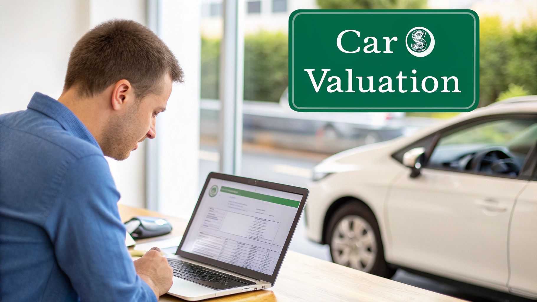 Man in blue shirt using a laptop for car valuation, with a white car in the background.