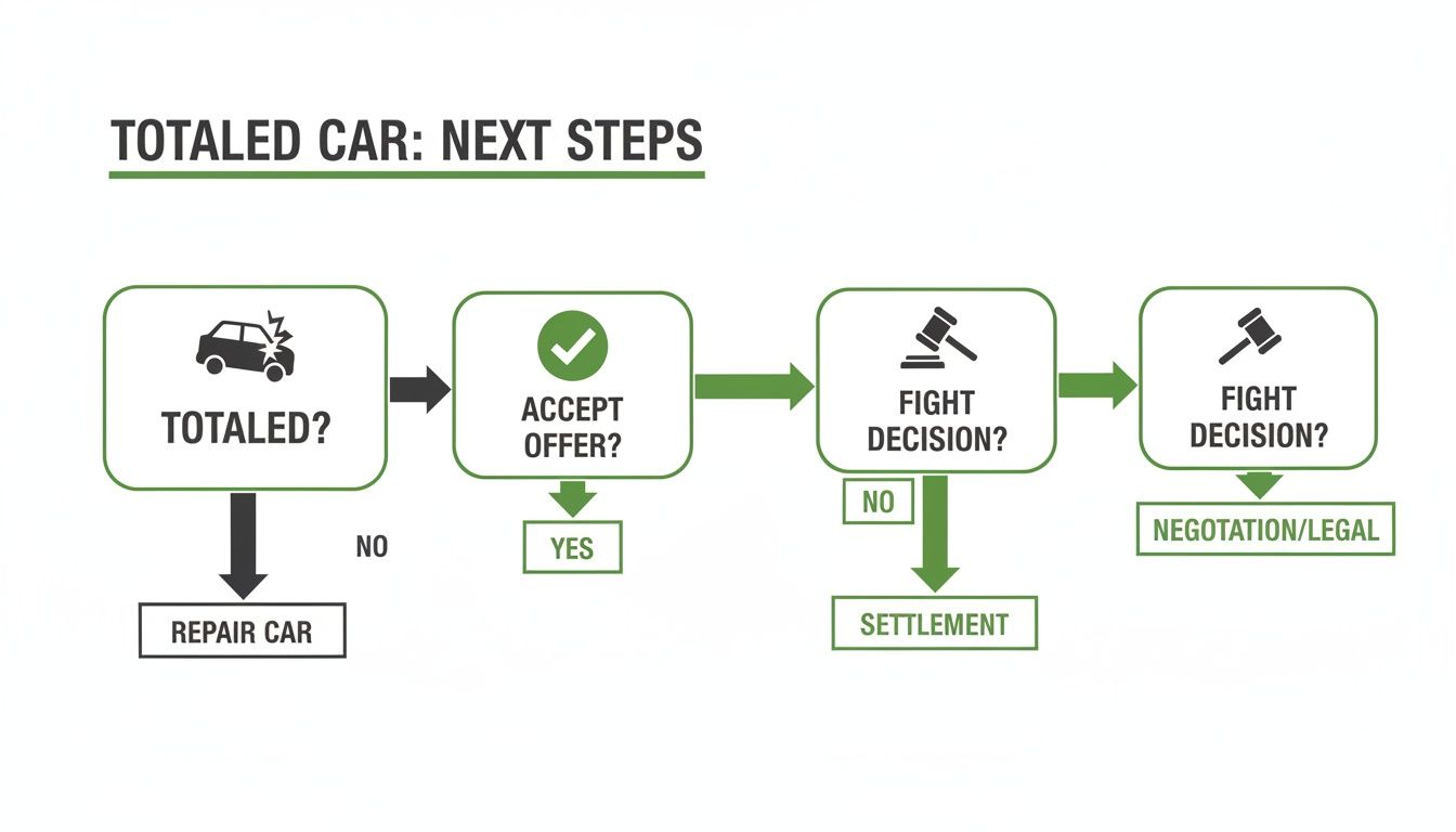 Flowchart detailing the next steps for a totaled car, including repair, accepting an offer, fighting decisions, and legal negotiation.