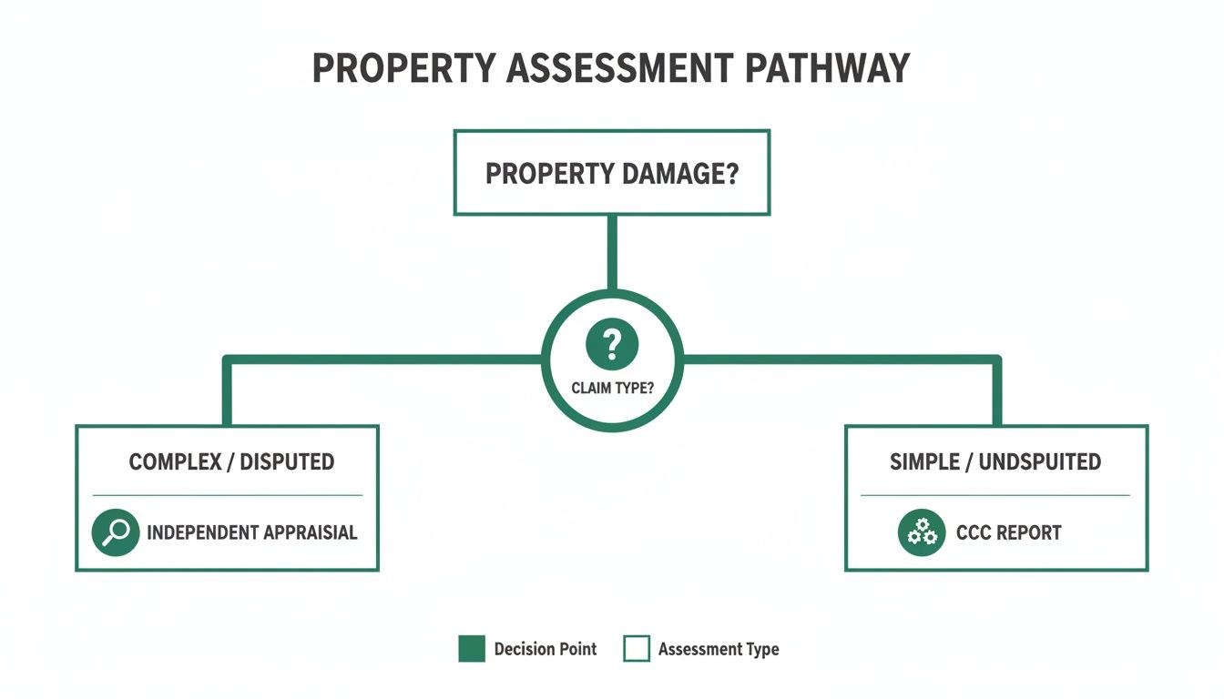 Flowchart outlining the property assessment pathway for insurance claims, distinguishing between complex and simple cases.